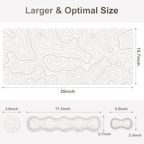 Gaming Mouse Pad Keyboard Wrist Support, 4 in1 Mousepad with Wrist Keyboard Rest, Computer Desk Mat, Non-Slip Desk Pad Protector with Memory Foam Easy Typing Pain Relief I White Topographic
