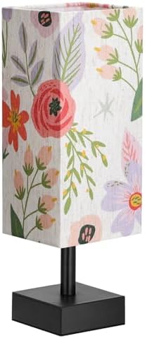 aooshine Small Bedside Table Lamp for Bedroom - Square Floral Fabric Shade