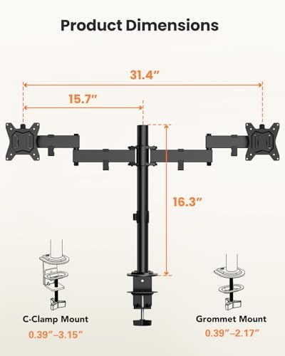ErGear Dual Monitor Stand for 17-32 inch, Dual Monitor Mount with Adjustable Tilt, Swivel, Rotation, Tiered Arms for Extra Height, Supports 22 lbs per Arm