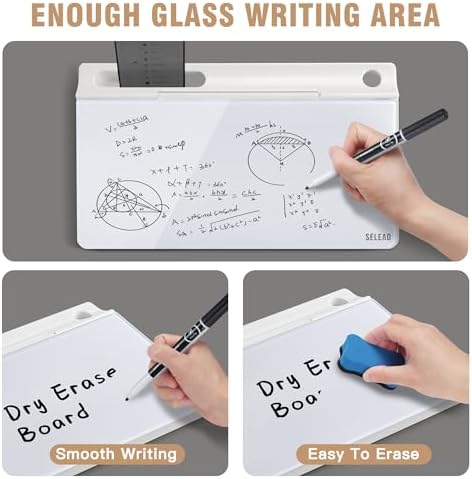 SELEAD Desktop Glass Whiteboard with Storage, 5 Markers and 1 Eraser, White