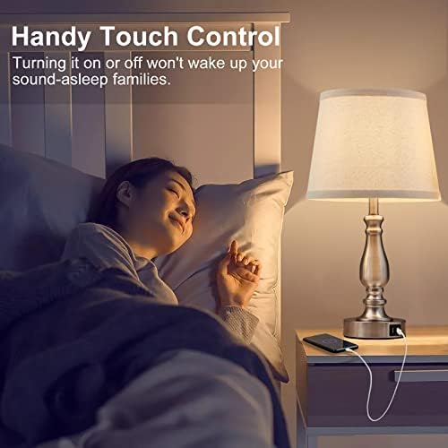 EJIAXIN Lamps for Bedrooms Set of 2, Brushed Nickel Bedside Lamps with USB C+A Ports,Dimmable Nightstand Lamps with Fabric Lampshade, Touch Table Lamp for Living Room Bedroom Office, Bulbs Included