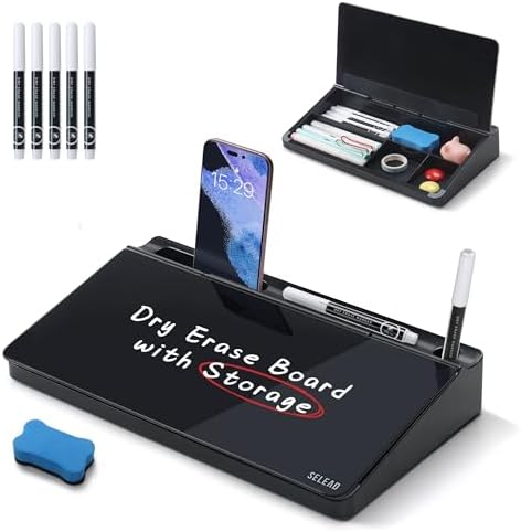 SELEAD Desktop Glass Whiteboard with Storage, 5 Markers and 1 Eraser, Black