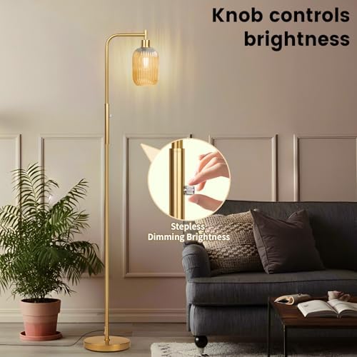 Ruiever Glass Floor Lamp for Living Room, Dimmer Standing Lamp with Green Ribbed Lampshade,66” Tall Lamp & Gold Floor Lamp for Bedroom Study Room,Brushed Gold (Amber)