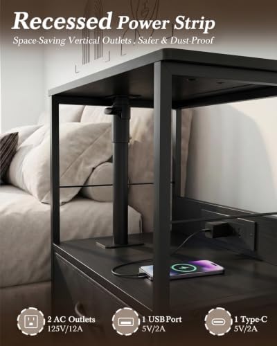 Faesun Night Stand with Charging Station & Swivel Top, Black