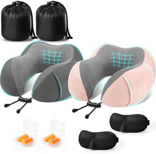 CloudBliss Memory Foam Travel Neck Pillow, Set of 2, Grey & Pink