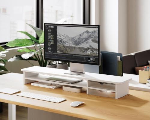 Fenge Monitor Stand, Desk Computer Riser with Frosted Storage Drawer, White