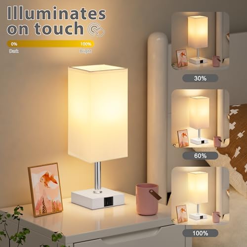 Touch Table Lamp for Bedroom - Dimmable, USB C+A, White Lamphade White Base
