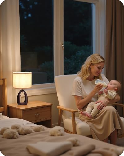 Small Table Lamp, 14.2" Cute Little Desk Lamp, Wood Bedside Lamp with Beige Linen Lampshade & Dark Walnut Base, Modern Nightstand Lamp for Bedroom, E26 Base, Bulb Not Included, STE07TL05