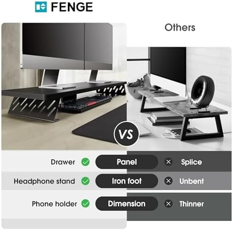 Fenge Monitor Stand Riser, Wooden & Metal Desk Shelf Organizer, Black