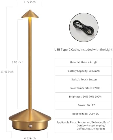 Modern Cordless Table Lamp Set of 2, Gold Portable LED Desk Lamps
