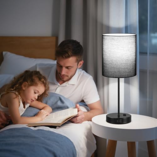 17.6" Black Touch Lamps for Bedroom Set of 2 - Dimmable, USB C+A, AC Outlet