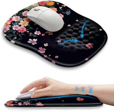 Hokafenle Ergonomic Wrist-Hugging Mouse Pad Wrist Support, U-Shaped Holding Wrist Rest Mousepad for Carpal Tunnel Pain Relief with Cushioned Memory Foam Slope Massage Bulge (10.2x8.3 in,Fall Flower)
