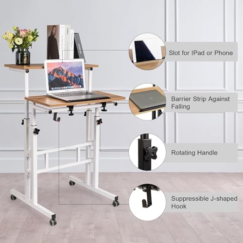 Hadulcet Mobile Standing Desk with Charging Station, Adjustable Standing Computer Desk, Standing Adjustable Laptop Cart with Wheels for Home Office Classroom Vintage Oak