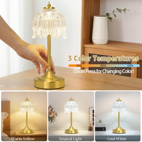 Cordless Table Lamp, Rechargeable Clear Glass Lotus Flower Lamp
