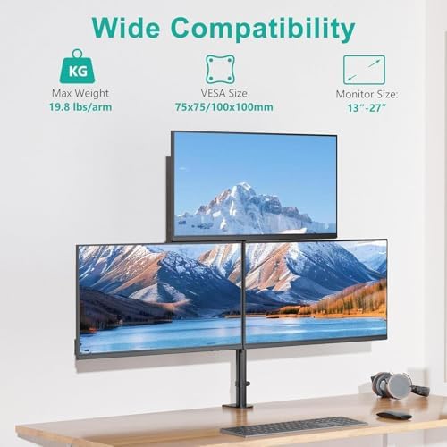 WALI Stacked Triple Monitor Mount for 13-27 inch Screens, 19.8 lbs per Arm