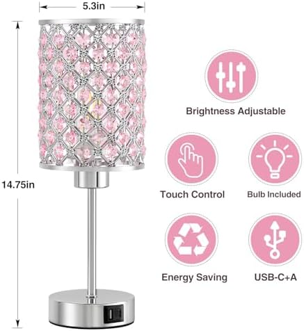 Crystal Table Lamp, Pink Touch Lamp with USB C+A Port, 3-Way Dimmable