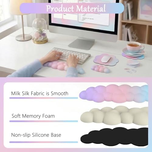 Cloud Mouse Pad Keyboard Wrist Rest for Mouse 4PCS Mini Small Desk Mat Pad Set Memory Foam Non-Slip Cute Ergonomic Gaming Mouse Wrist Support for Computer Home Office Pink Purple Blue