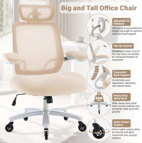 Big and Tall Office Chair with 500 LBS Capacity and Memory Foam Seat, Beige