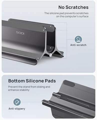 SODI Vertical Laptop Stand for Desk, Aluminum Laptop Holder Compatible with MacBook Pro, MacBook Air Stand Up to 17 inch, Gravity Auto-Lock Cooling, 3in1 Space Saving Desk Organizer Accessories, Gray