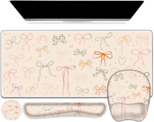 Apricot Mouse Pad with Wrist Support 4 in1 Set, XXL Big Game Mousepad + Keyboard Wrist Rest + Mouse Wrist Rest Pad +Coaster Gaming Mat for Home Office Work Computer I Colorful Cute Girl's Bow