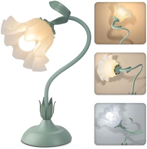 Women Bedside Table Lamps for Bedroom, Cute Flower Desk Lamp With Adjustable Flexible Gooseneck, 3 Color Temperatures Nightstand Lamp with E26 LED Bulbs, Floral Lamp for Living Room, Office ,Reading