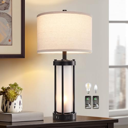 RORIA Modern Table Lamps for Living Room with 2 USB Charging Ports