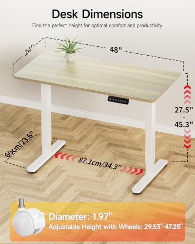 Okin Standing Desk Electric Adjustable Computer Whole Piece Stand up Desk with Wheels Office Gaming Home Office Memory Desks 48x24 inches Cream Pecans