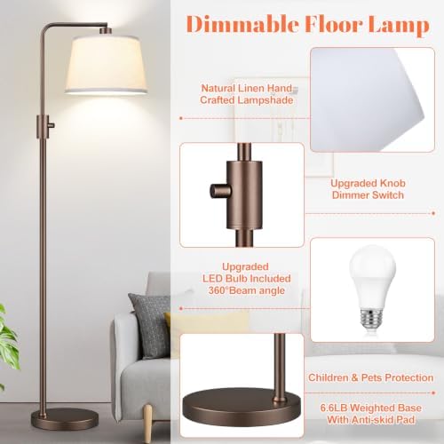 Nintiue [Upgraded] Dimmable Floor Lamp, 1000 Lumens LED Edison Bulb Included, Modern Arc Standing Tall Brown Floor Lamp for Living Room Bedroom Office Dining Room