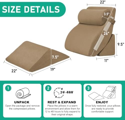 4PCS Wedge Pillow Set for After Surgery, Orthopedic Bed Wedge Pillow for Back Pain Relief, Sitting Up in Bed, Acid Reflux, Adjustable Post Surgery Pillows for GERD, Snoring, Brown