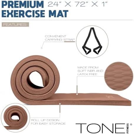 Tone Fitness 1" Extra Thick Yoga Mat, Exercise & Pilates Mat with Strap