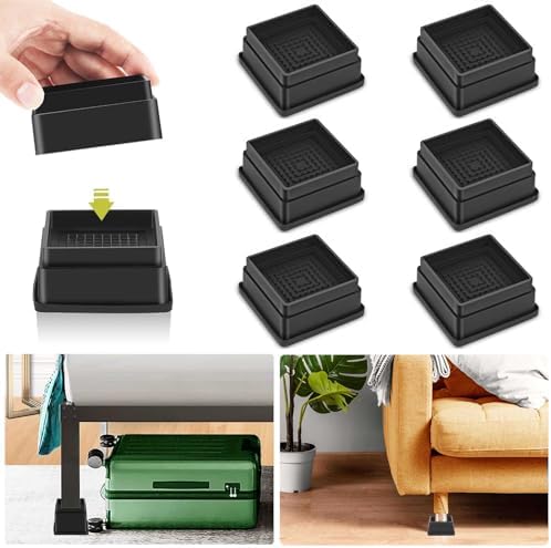 6 Pack Furniture Risers 1 Inch, Adjustable Bed Risers Heavy Duty for Table Desk Couch Chair Sofa Cabinet Bed Frame Dorm, Square Stackable Table Leg Risers Lift Height 1", 2" or 3", Black
