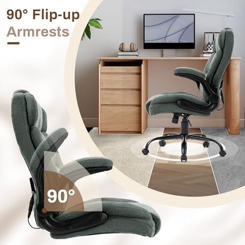 Massage Office Chair,500LBS Ergonomic Rocking Executive Desk Chairs with 4 Points Vibration&Heat,Padded Flipup Armrests for Big and Tall Office Chair,Swivel Computer Chair Fabric Green