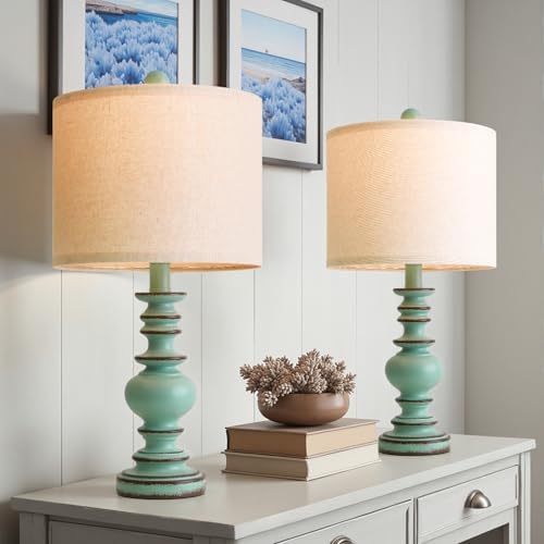 BOBOMOMO 20" Distressed Teal Bedside Lamps Set of 2, Hand-Painted Vintage Resin Lamps with Linen Shades, Cottage Farmhouse Lamp for Living Room, Bedroom, and Hallway, Space-Saving Accent Lamps