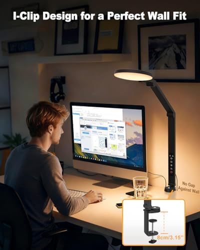 Desk Lamp, 16W LED Desk Light with Clamp & Adjustable Arm for Home Office Video Calls, Touch Control Eye-Care Light for Reading with 5 Color Temps (1700K-6000K) & 10 Brightness, Timer 0.5H/1H