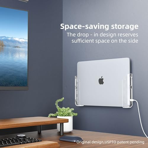 ELETIUO Clear Wall & Under Desk Laptop Mount Holder–Adhesive & Screw in,1.02"/ 26 mm,Anti-Scratch Pads,Universal for MacBooks,Surface,Keyboards,Tablets,Switch &More