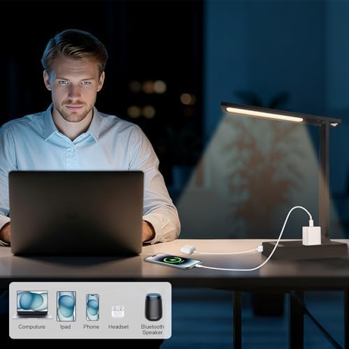 Smart Desk Lamp with 4-in-1 Charging Station (2 AC outlets, Type-C, USB-A ports), 5 color temperatures and 5 brightness levels, adjustable gooseneck arm, eye-friendly lighting for desks, bedrooms