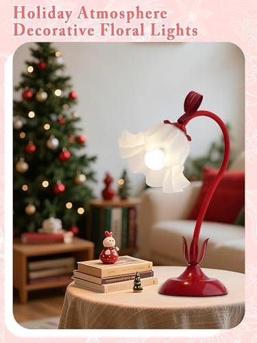 Flower Table Lamp, LED Reading Light Bedside Vintage Night Light (Red)