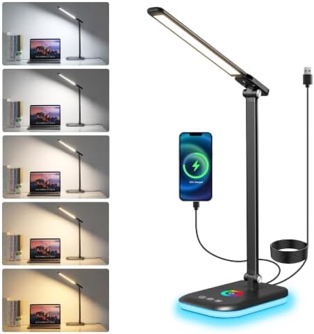 LED Desk Lamp,5 Color Modes, USB Charging Port for Home Office Dimmable Eye Caring Table Light with Timer for Work Study,Reading Lamp Touch Control with RGB,Flexible Rotation Design