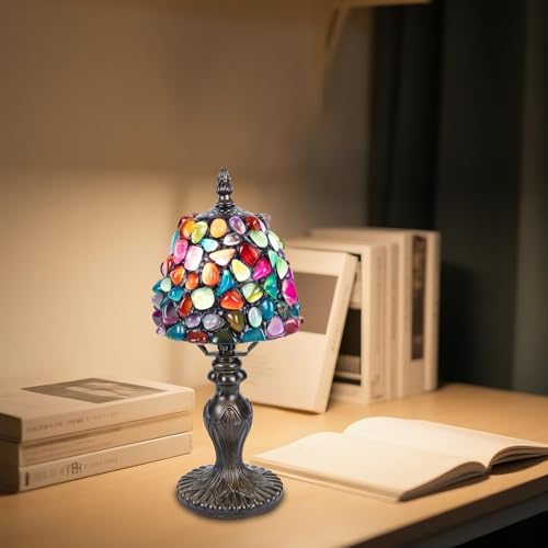 Small Tiffany Table Lamp, 3 Color-Temperature Agate Amber Stained Glass Lamp,6 Inch Tiffany Style Lamp for Bedroom Living Room Home, Handcrafted Light, Included Bulb
