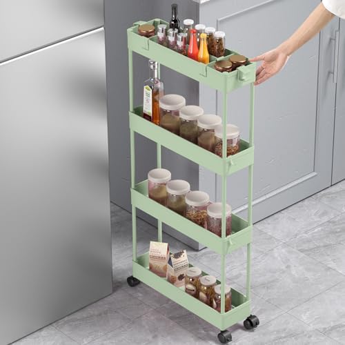 SPACELEAD Slim Storage Cart 4 Tier,Bathroom Organizer Rolling Utility,Mobile Shelving Unit Slide Out for Office, Kitchen, Laundry Room & Narrow Places，Green