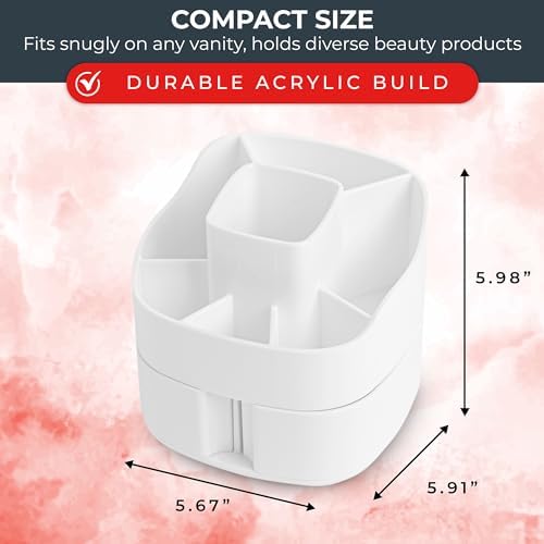 Masirs Small 360 Rotating Makeup Organizer, 5 Compartments, Square White