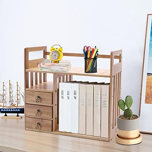 Bamboo Desk Book Shelf,Desktop Bookshelf Storage Rack Tabletop Standing Organizer Bookshelf with 3 Drawers,Freestanding Desk Bookcase for Home Dormitory Offices (Natural)