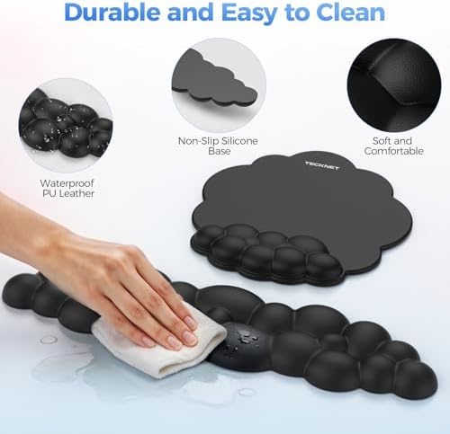 TECKNET Cloud Mouse Pad with Wrist Rest, Ergonomic Cloud Wrist Rest with Non-Slip Base, PU Leather Memory Foam Mouse Pad Wrist Support for Keyboard and Mouse, Pain Relief for Typing, Gaming, Black