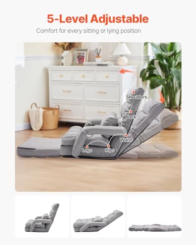VEVOR Floor Chair, Floor Gaming Chair with 5 Adjustable Position and Back Support, Folding Lounge Chair with Armrest for Adults, Sofa Lounger with Comfy Cushion for Living Room and Bedroom, Gray
