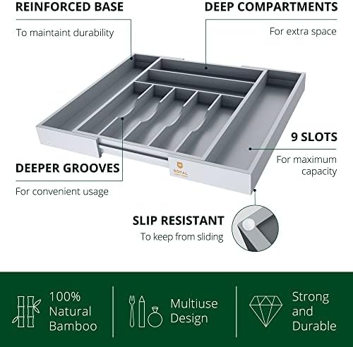 ROYAL CRAFT WOOD Luxury Bamboo Kitchen Drawer Organizer - Silverware Organizer - Utensil Holder and Cutlery Tray with Grooved Drawer Dividers for Flatware and Kitchen Utensils (9 Slot, Gray)