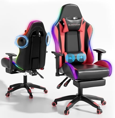 Mr IRONSTONE RGB Gaming Chair with Bluetooth Speakers, Ergonomic Gamer Chair with LED Lights, Vibration Lumbar Support, Footrest and High Back Reclining Design for Adults, Red