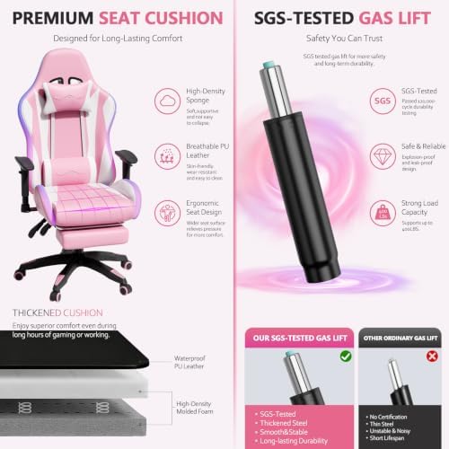 Mr IRONSTONE RGB Gaming Chair with Bluetooth Speakers, Multi-Point Vibration Massage Gaming Chair (Seat, Back & Lumbar), Ergonomic High Back Recliner, Footrest for Adults, Iridescent Pink
