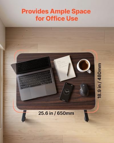 VEVOR Standing Desk, Adjustable Height Mobile Stand Up Desk with 4 Casters, 25.6 x 19 in Small Computer Sit Stand Rolling Workstation with Hook, 33 lbs Desktop Capacity, Ideal for Home Office, Brown