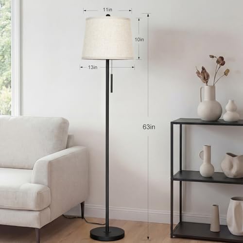 JUNNAI 【Upgraded】 Modern Black Floor Lamp 63in Standing Lamp for Living Room Bedroom Office 3 Way Brightness Dimmable Tall Pole Light with Beige Linen Shade Metal Shade 8W 3000K LED Bulb Included