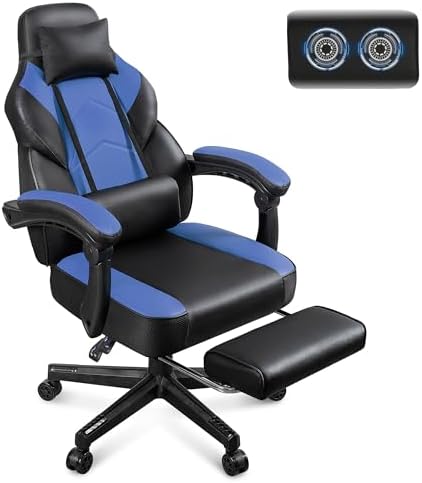 Gaming Chair for Adults, Video Game Chair with Footrest, Big and Tall Gaming Chair Heavy Duty Computer Chair with Massage Lumbar, Ergonomic Adjustable Height and 360° Swivel Seat, PU Leather, Blue